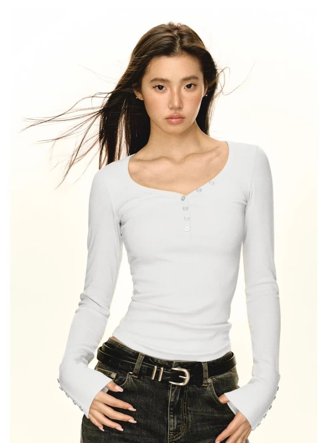 Women's retro V-neck slim fit slimming solid colour ribbed longsleeve with long sleeve