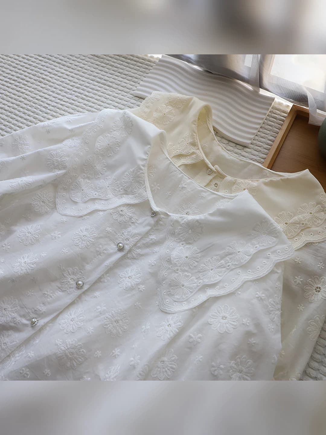 Women's 2026 summer new blouse: Korean style, Peter Pan collar, jacquard, puff short sleeve, cropped length shirt