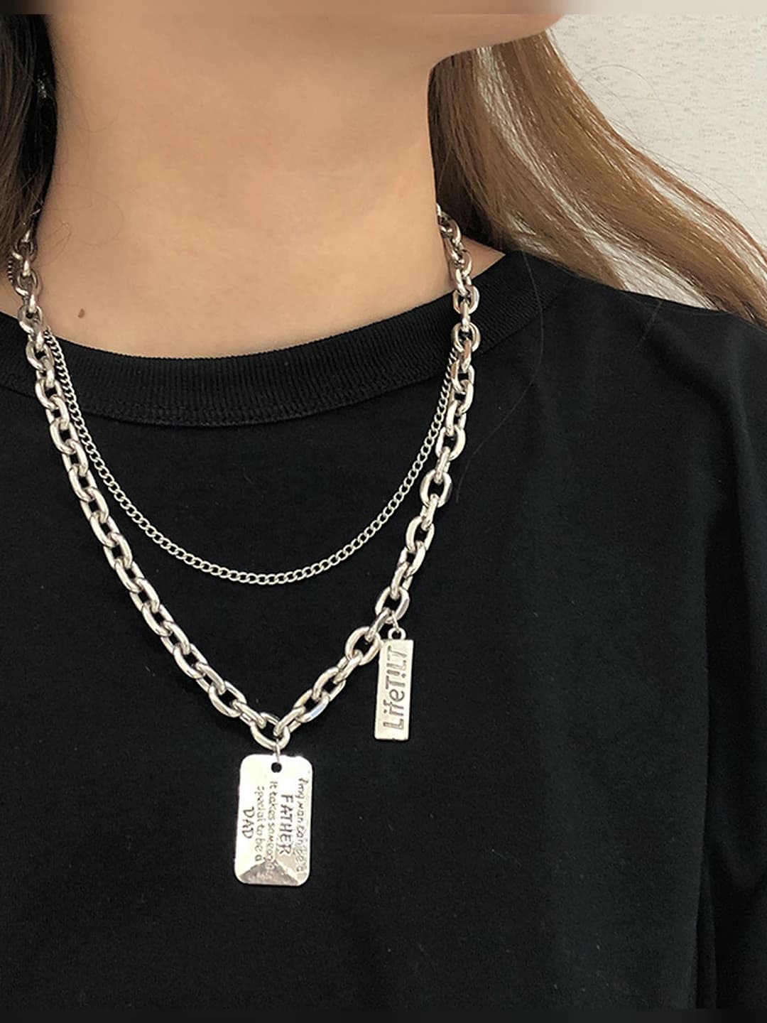 Мужская и женская двухслойная цепочка из титановой стали с подвеской в минималистичном стиле