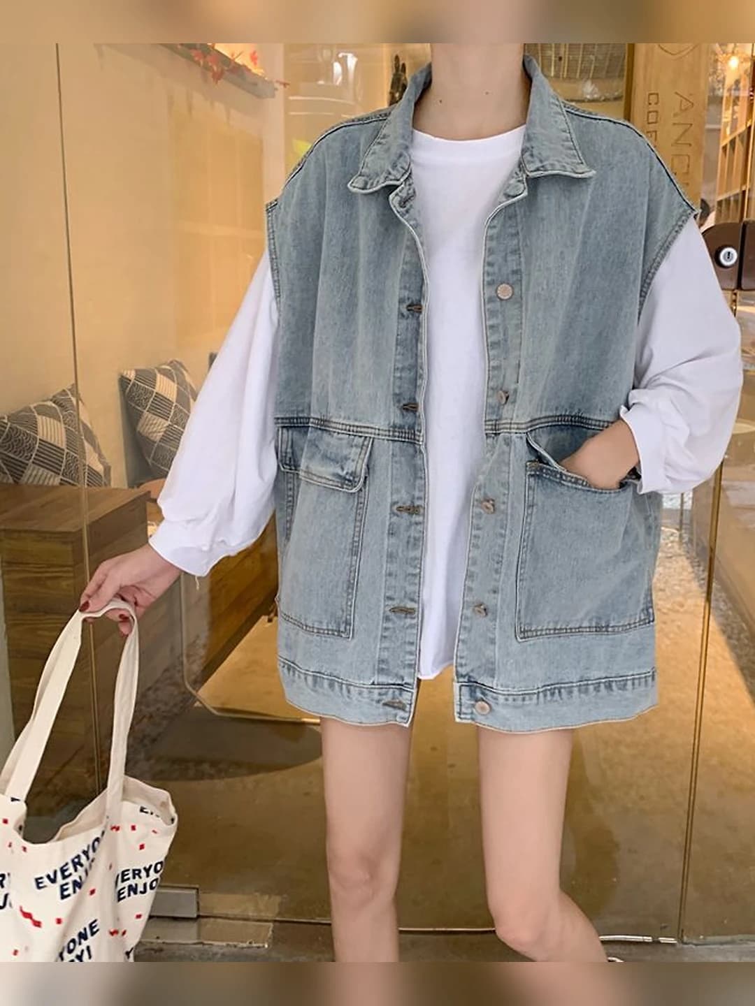 Women's spring-summer Korean style loose fit mid-length sleeveless vest, lapel collar, solid colour, cardigan