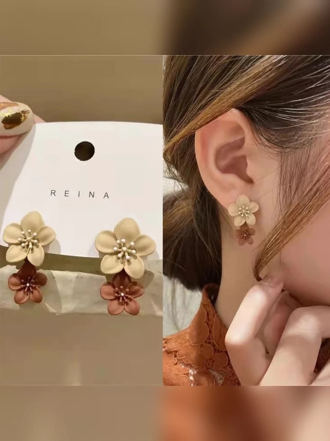 Women's autumn-winter geometric stud earrings with floral pattern and colored enamel, Japanese-Korean style, simple and elegant