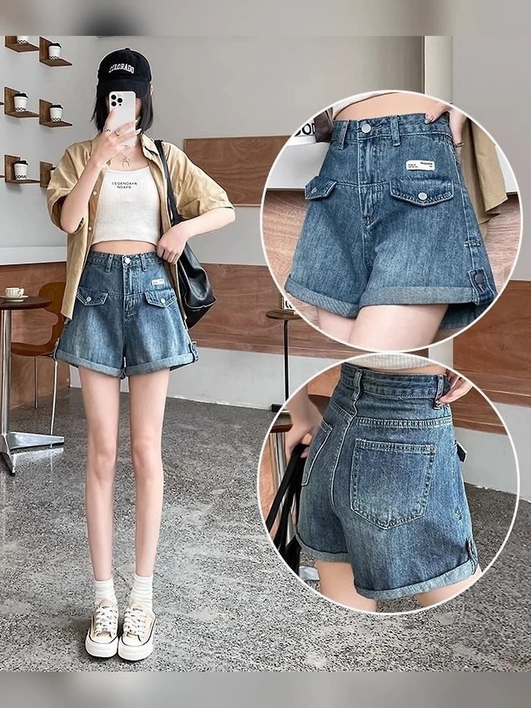 Ayollar uchun bir rangli retro A-shakl keng oyoqli denim shorti, yozgi, baland bel, nozik ko'rsatadigan, kundalik