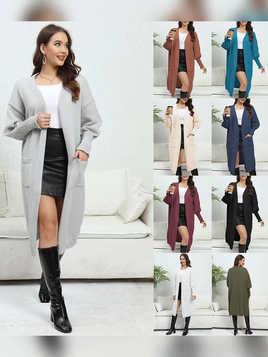 Women's long loose fit wool cardigan, V-neck, long sleeve, lantern sleeve, two pockets, solid colour