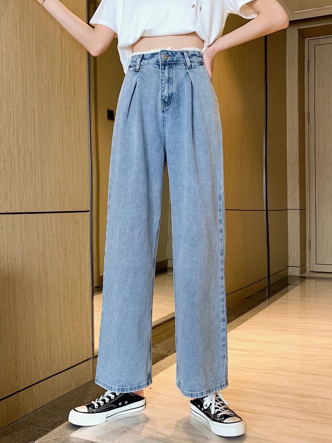 Ayollar uchun bahor-yozgi koreys uslubidagi dantelli baland bel bo'sh (oversize) nozik ko'rsatadigan keng shim jinsi shimlar