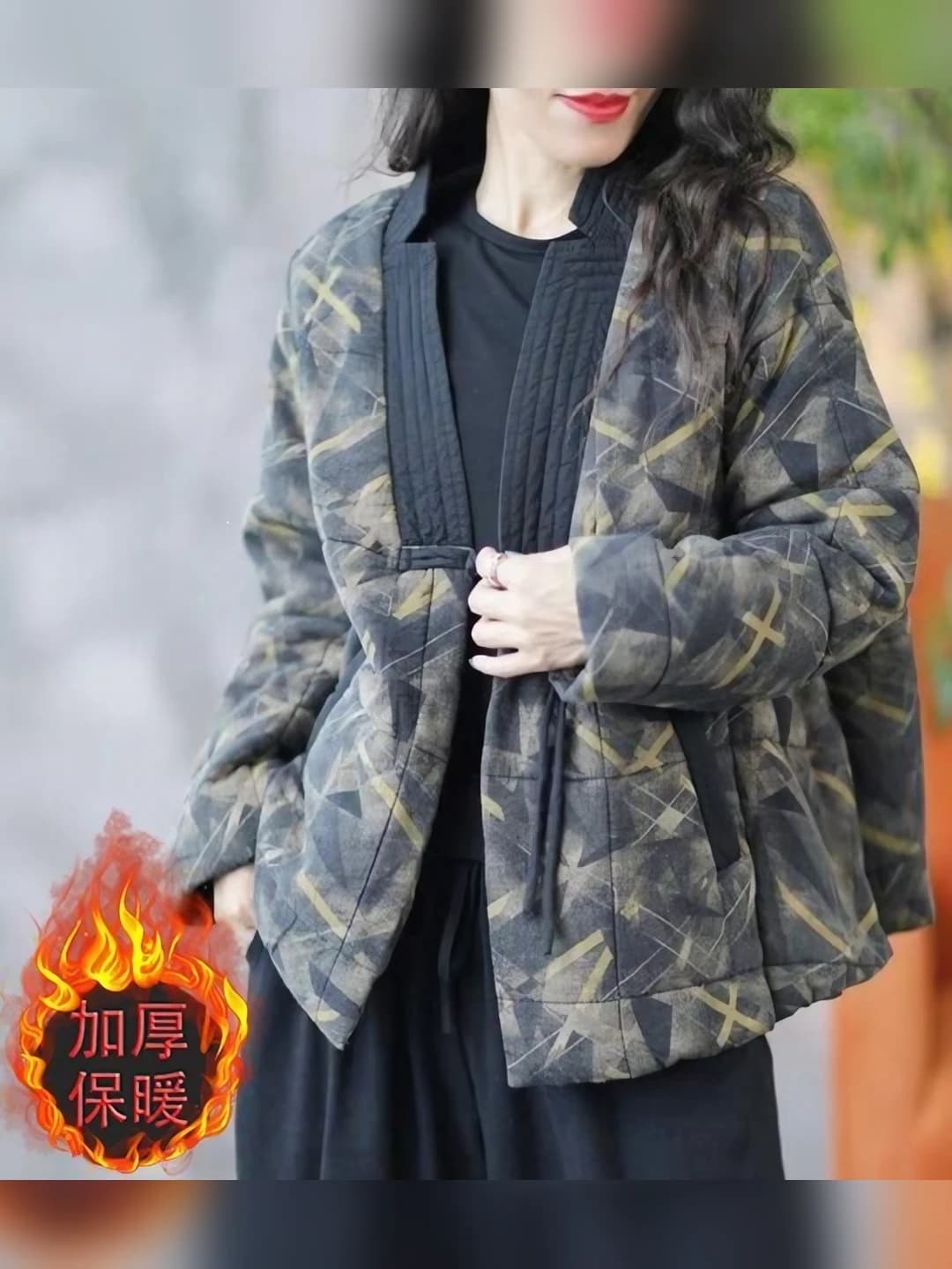 Women's thickened padded jacket, winter, retro printed, warm, long sleeve, POLO collar, cropped
