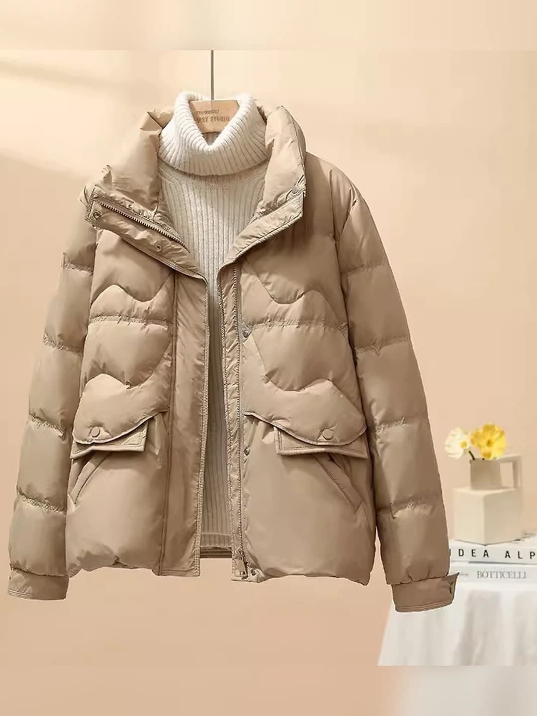Women's thin padded jacket, stand collar, long sleeve, cropped, for petite