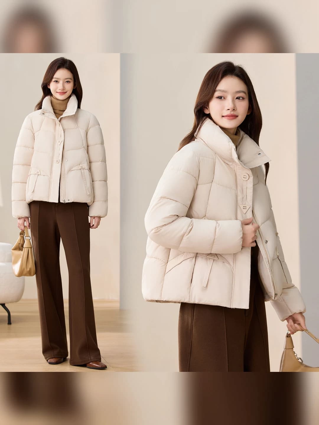 Ayollar uchun qishki puxli kurtka, past bo'ylilar uchun kalta, tik yoqa, fermuar, bo'sh (oversize) kesim, sintetik pux to'ldirgich, polyester mato, bir rangli, uzun yeng