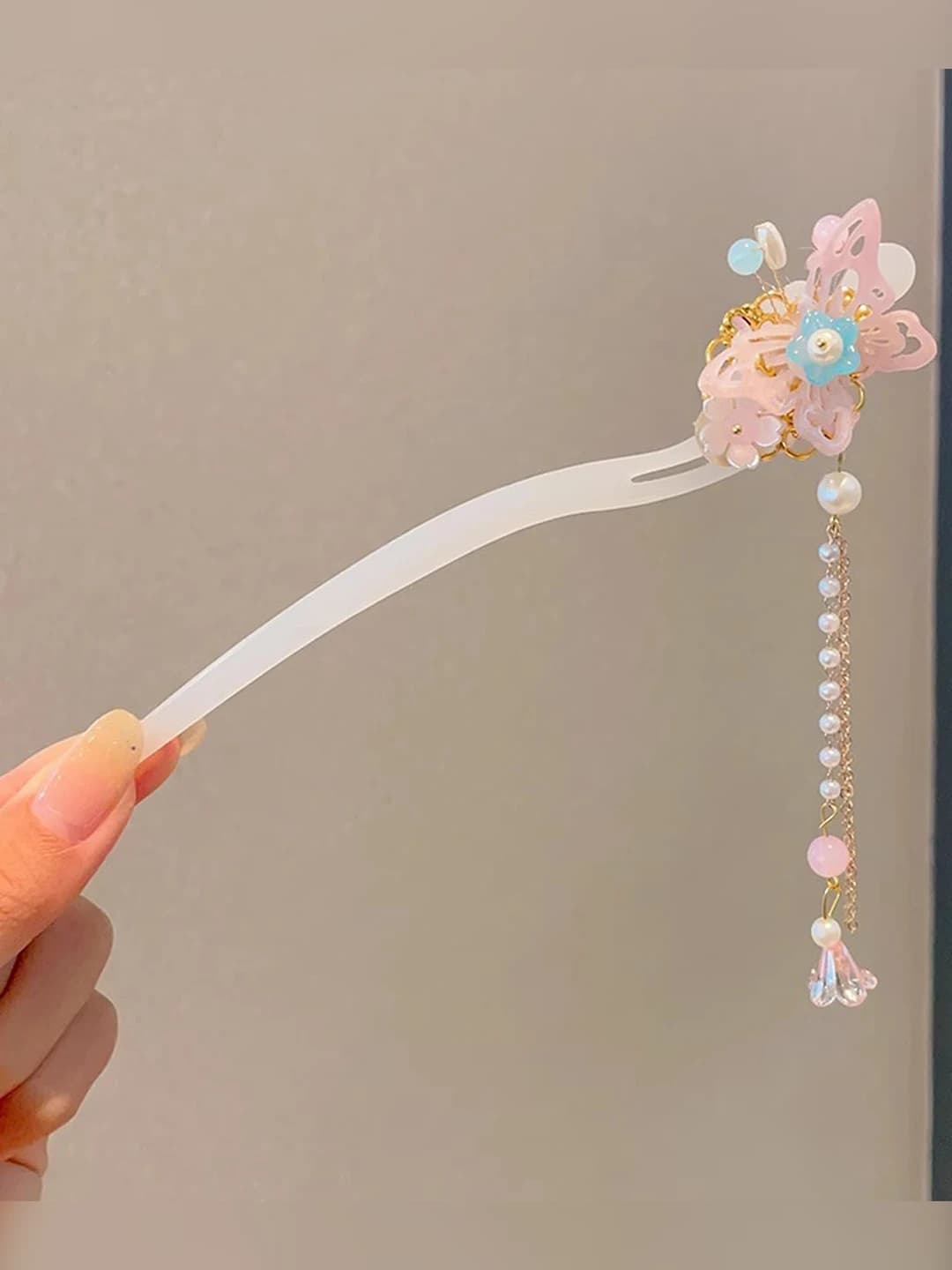 25# Pink butterfly white jade hairpin