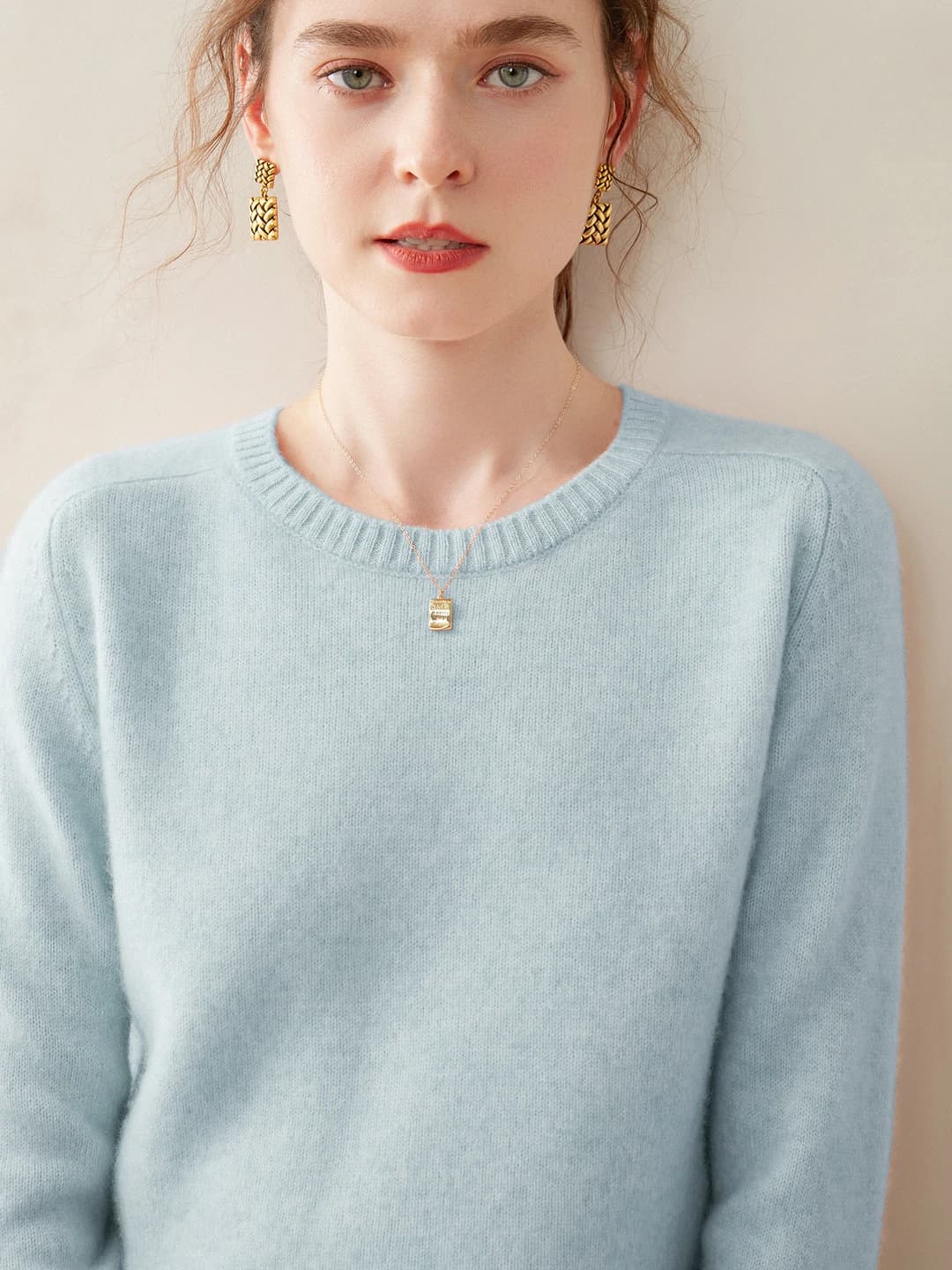 Women's cashmere crewneck pullover sweater, long sleeve, thickened, warm, solid colour, loose fit