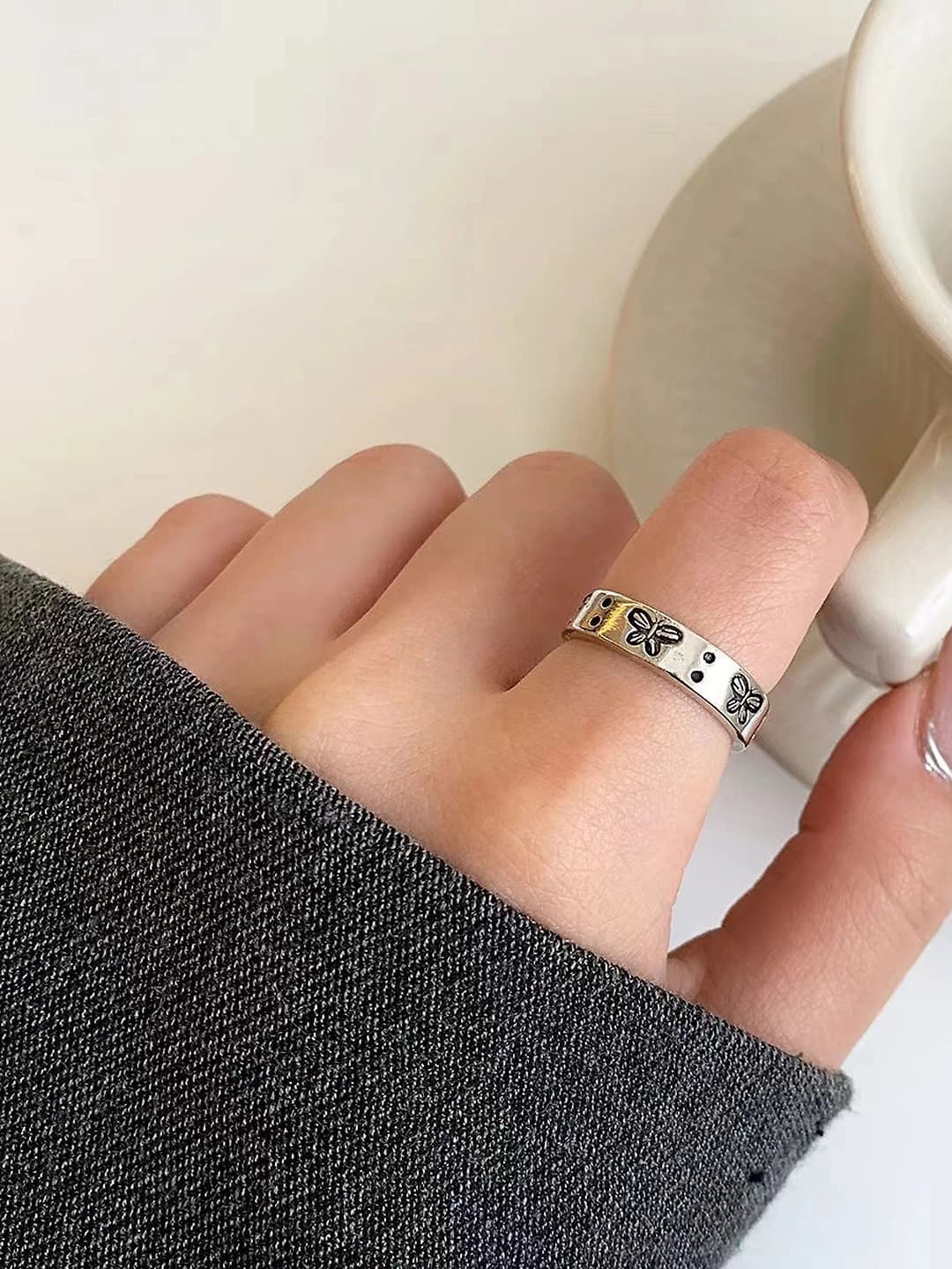Women's retro adjustable ring, zinc alloy with pearl and insect design