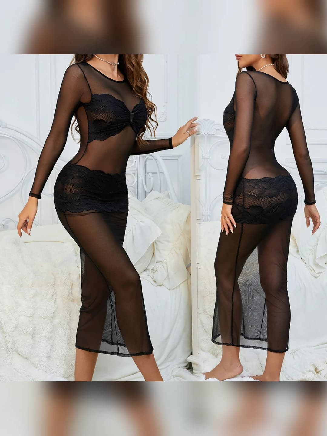 Women's thin breathable long sleeve crew neck solid colour nightgown