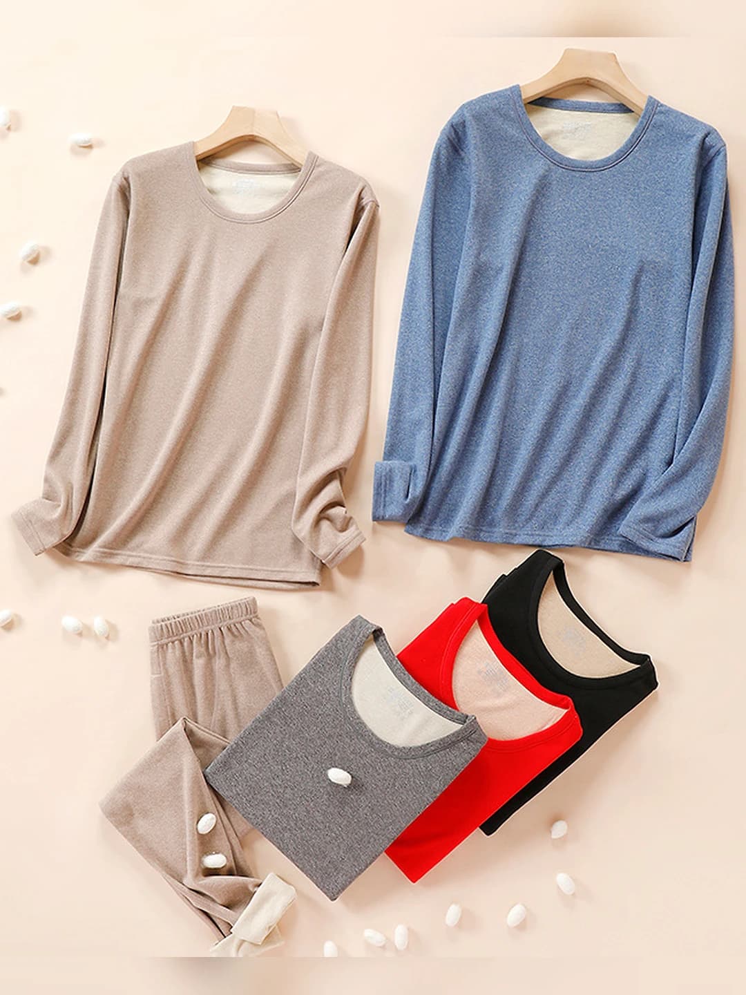 Women's thermal underwear set with wool and silk, thickened, long sleeve, trousers, crew neck, solid colour