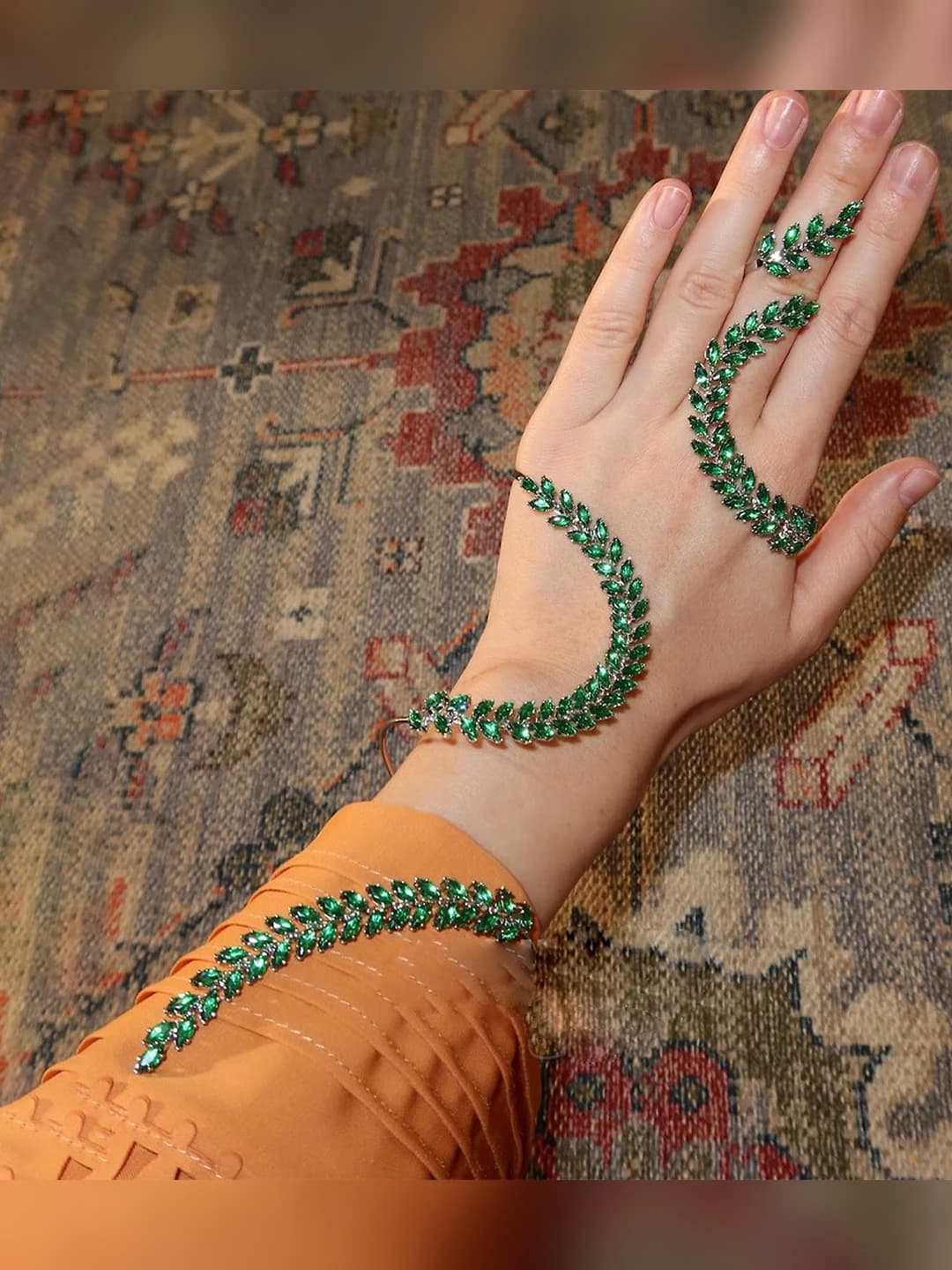 Women's bracelet with zircon, exotic style, wheat and leaves, large