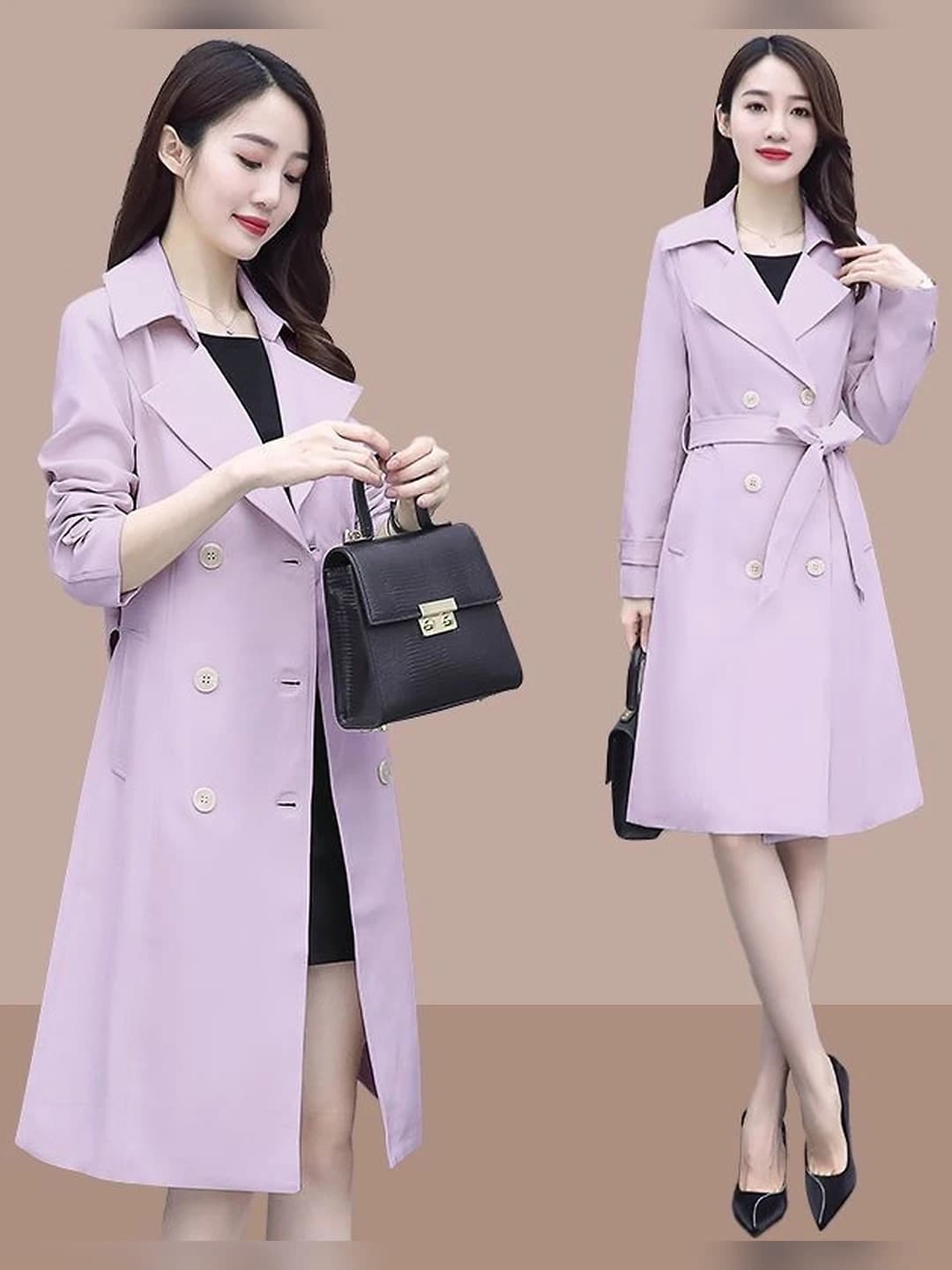 Women's trench coat: Korean style, mid-length, solid colour, long sleeve, blazer collar, double-breasted, for petite