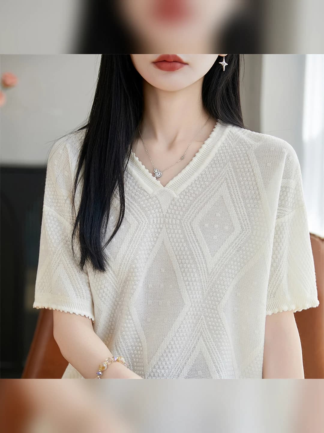 Women's Korean style spring-autumn knit top, V-neck, short sleeve, loose fit, slimming, lace, solid colour, main fabric: tencel
