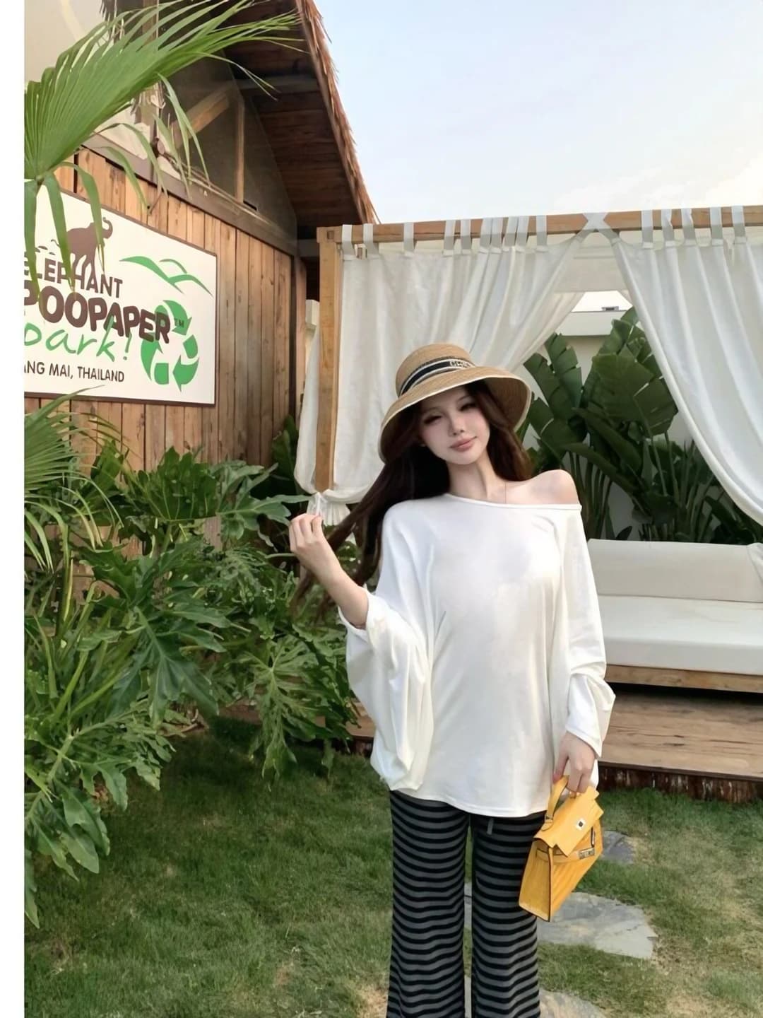 Women's off-shoulder long-sleeve top: white, geometric pattern, batwing sleeves, casual, sun-protective, loose fit