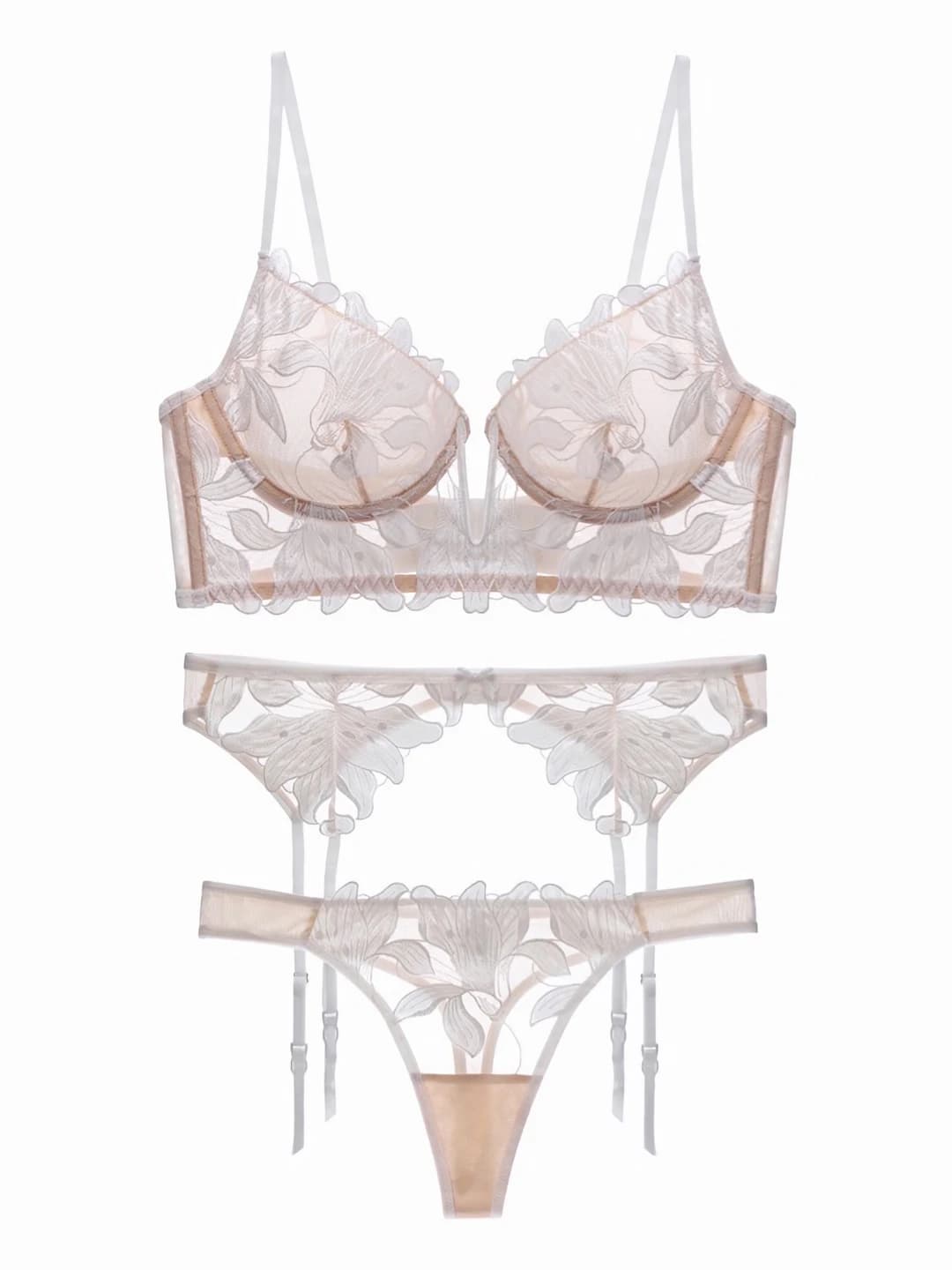 Women's underwear sets: French style lace, embroidered, ultra-thin deep V bra and briefs three-piece set, makes large breasts look smaller, anti-sagging
