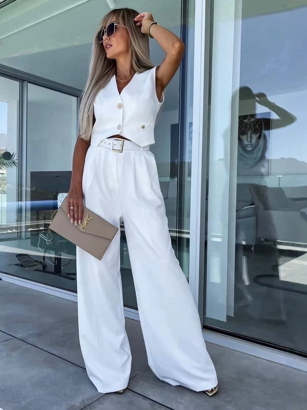 Women's casual two-piece set: sleeveless vest and wide-leg trousers, spring-autumn, solid colour, polyester and elastane