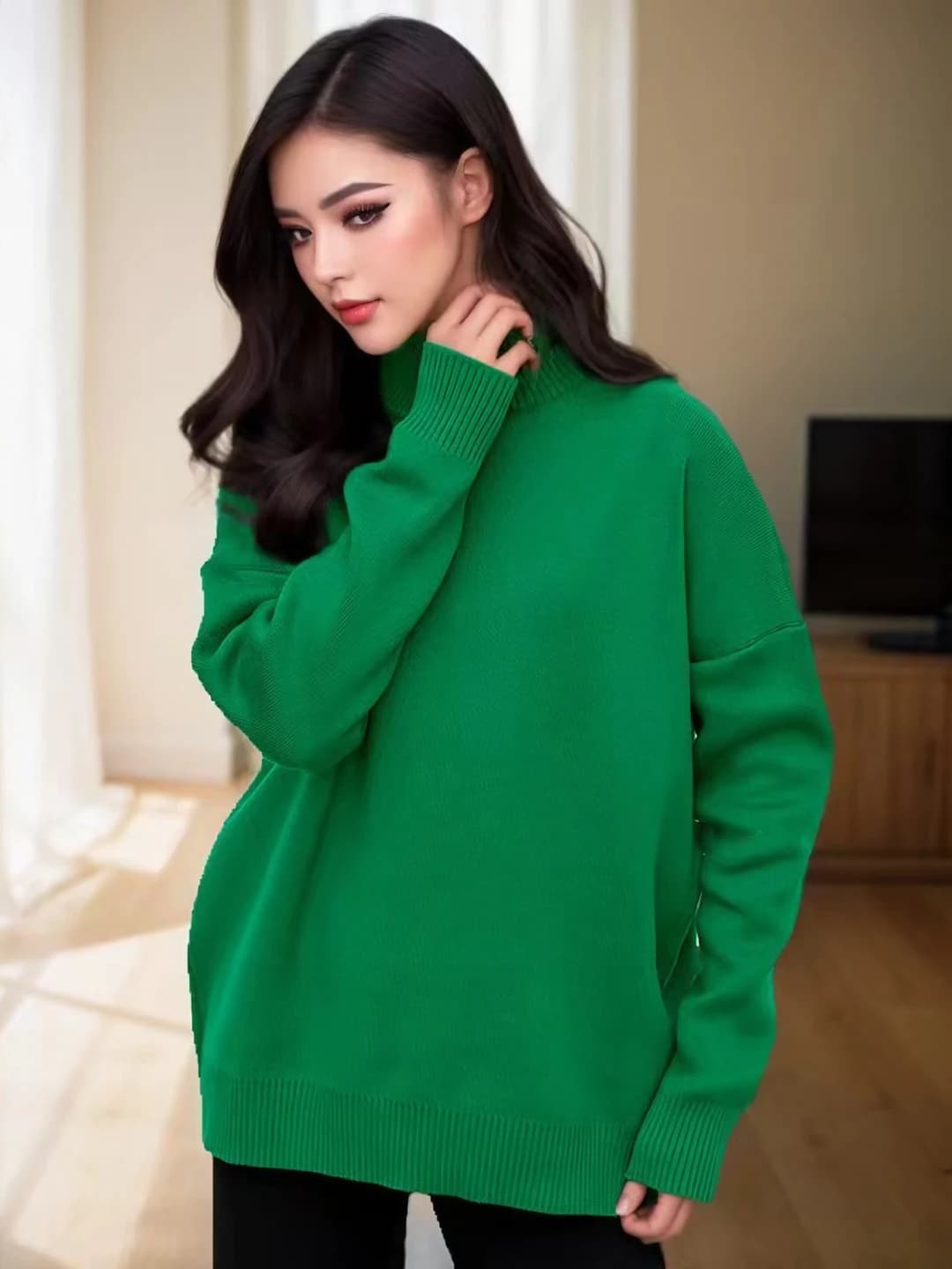Women's knit sweater: mock neck, long sleeve, loose fit, thick, autumn-winter