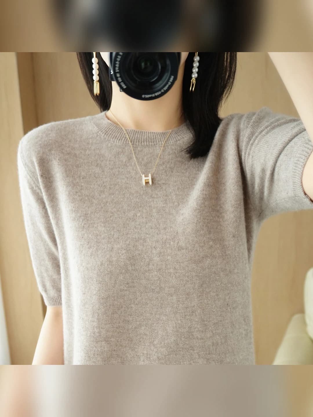 Women's thin knitted top, crew neck, short sleeve, straight cut, solid colour, OL style t-shirt