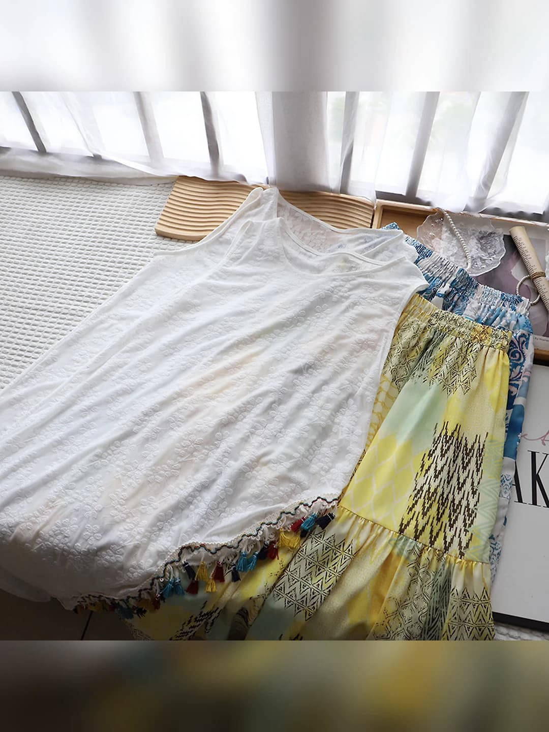 Women's summer sleeveless set: floral pattern, fringe, long skirt in Korean style
