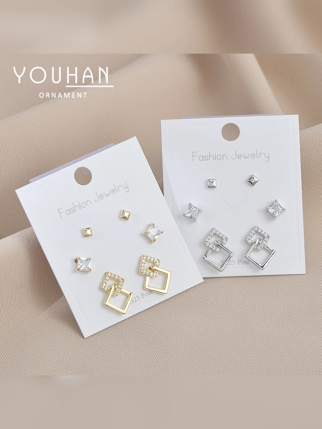 Women's silver post zircon earrings, ins style, geometric shape, set