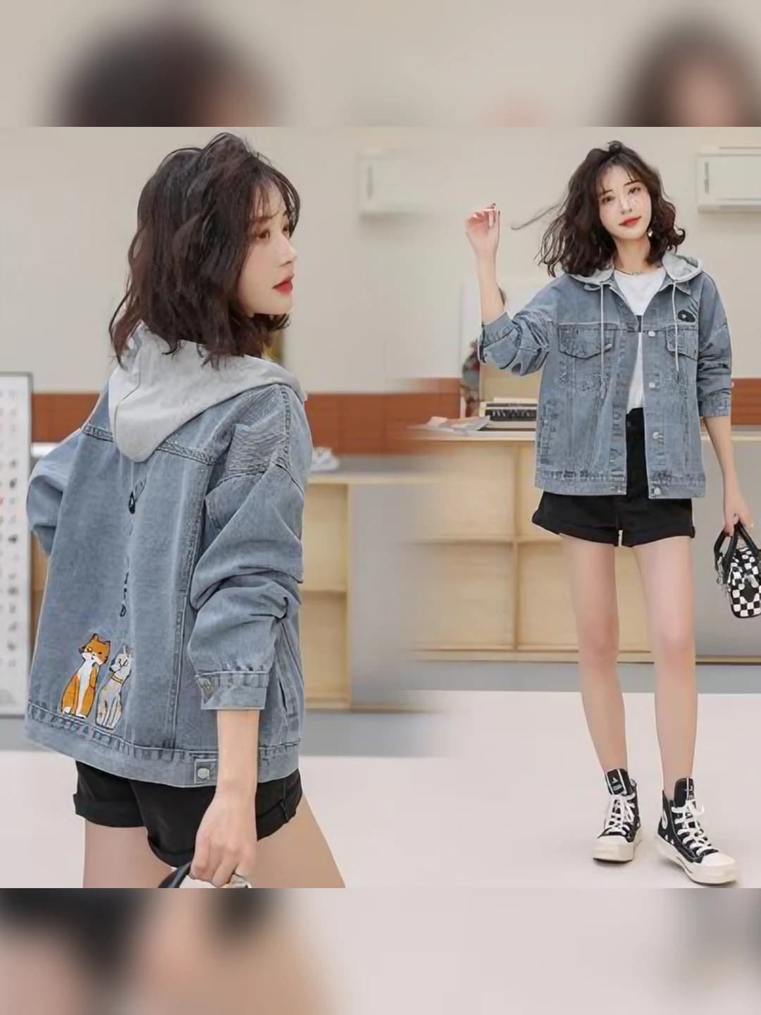 Women's 2026 winter loose fit padded denim jacket with embroidery and long sleeve