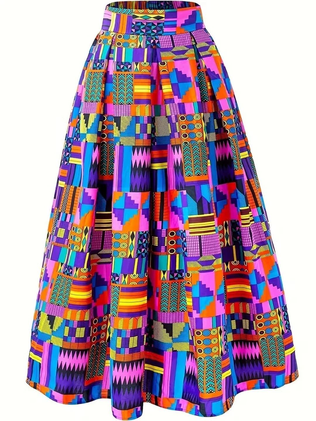 Women's summer A-line midi skirt in retro style with print, elastic waist, slimming