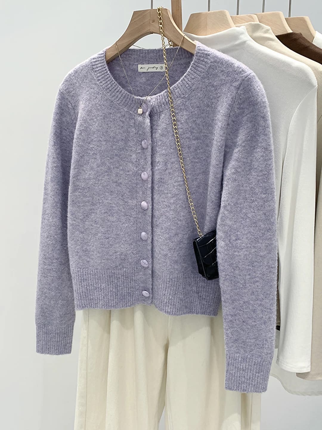 Women's knit cardigan, crew neck, long sleeve, solid colour, autumn-winter