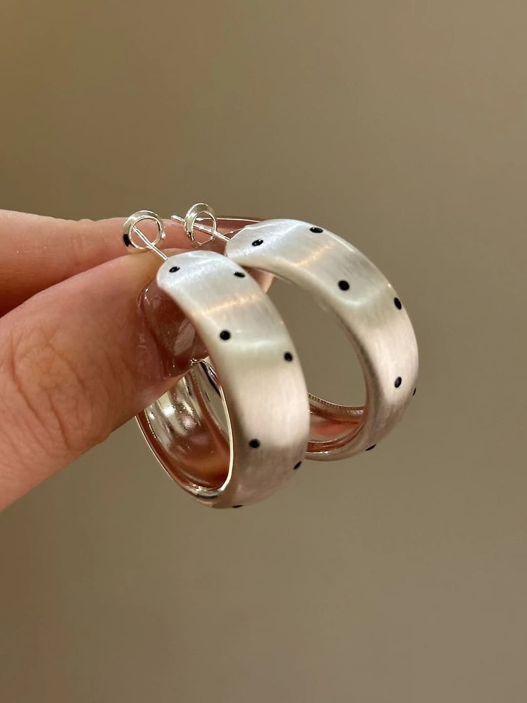 Silver brushed black dot earrings