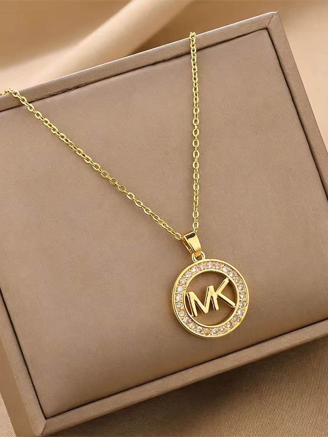 Women's titanium steel chain necklace with MK letter and zircon pendant