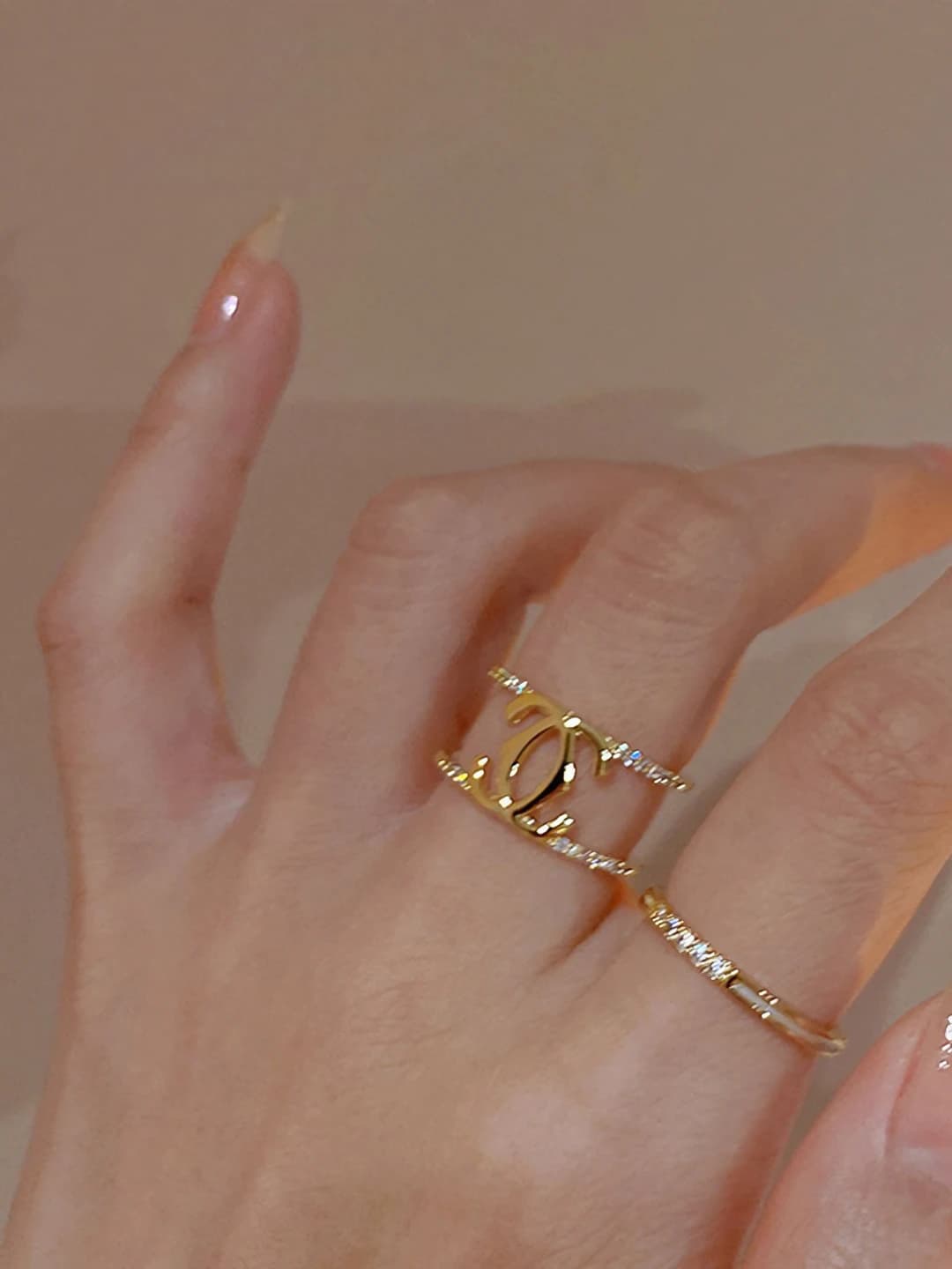 Women's double-layer letter ring with zircon, modern OL style, mid-luxury