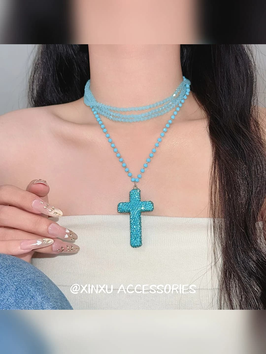 Women's blue retro cross chain with sparkling stones