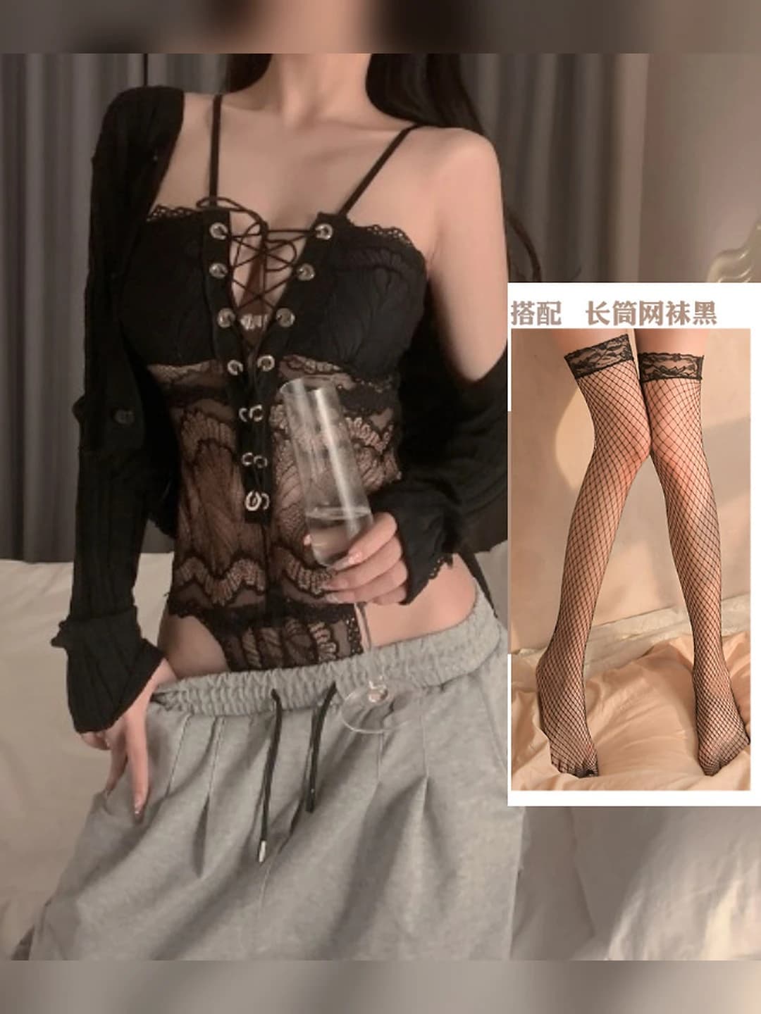Qora bodysuit + qora tarmoq paypoqlar