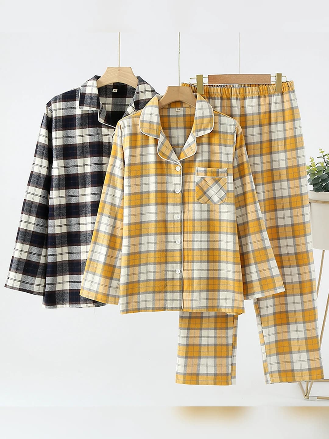 Women's checked pure cotton pajama set, thickened, long sleeve, lapel collar, warm, for spring-autumn and winter