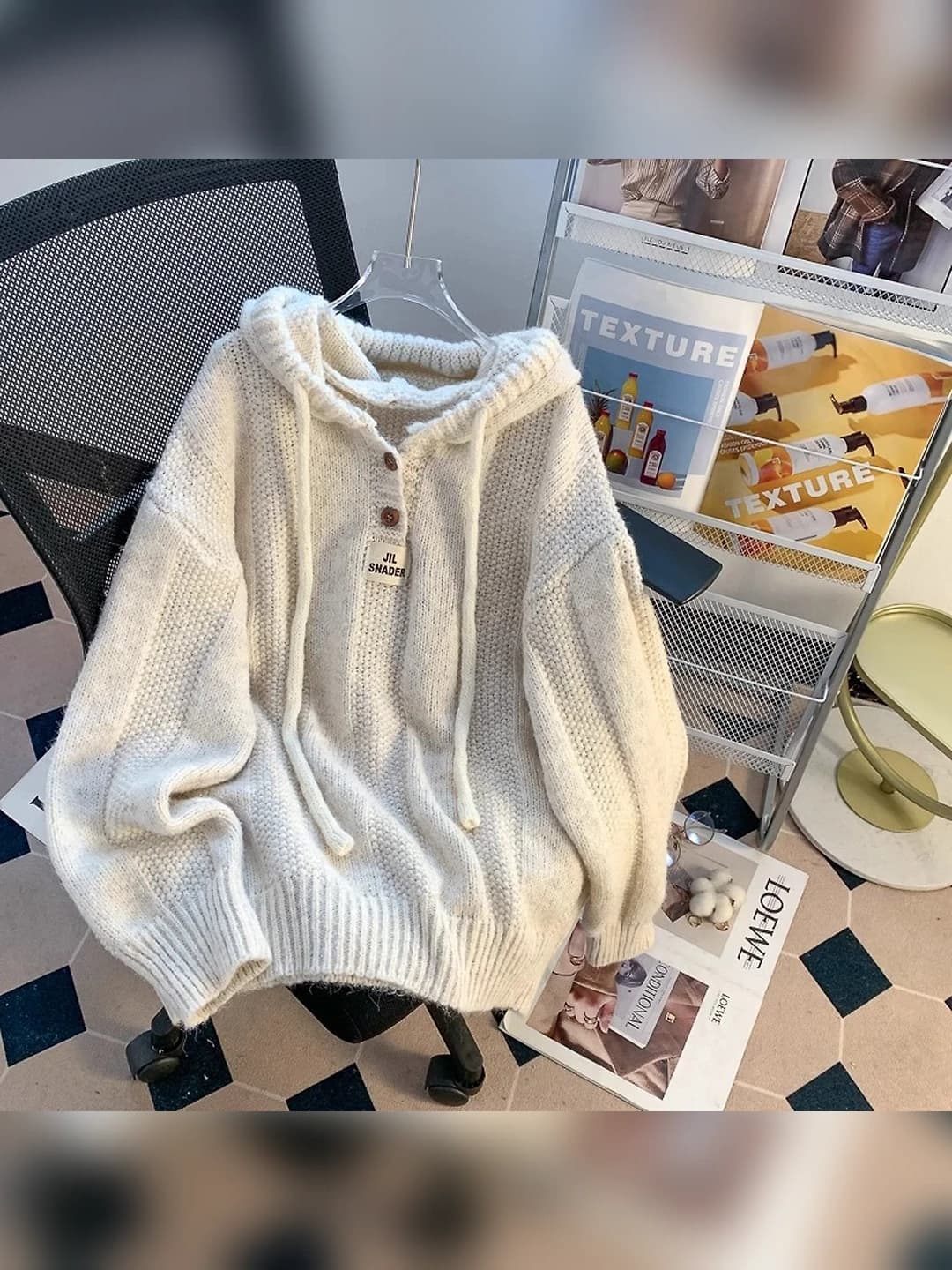 Women's grey hooded knit sweater, autumn-winter, long sleeve, loose fit, thick, 2026