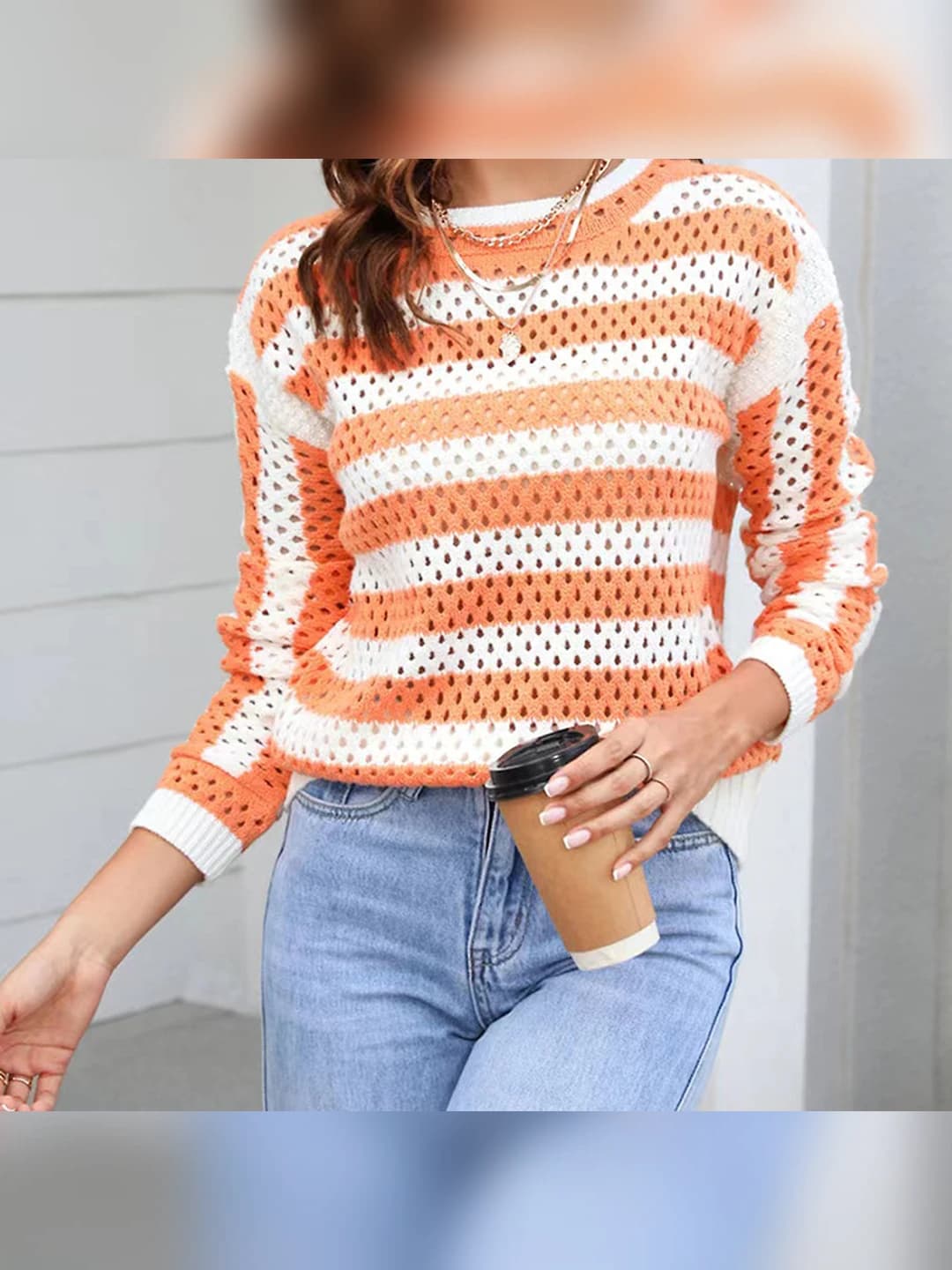 Women's spring-autumn sweater: crew neck, long sleeve, striped, loose fit, medium thickness, cotton-like fabric