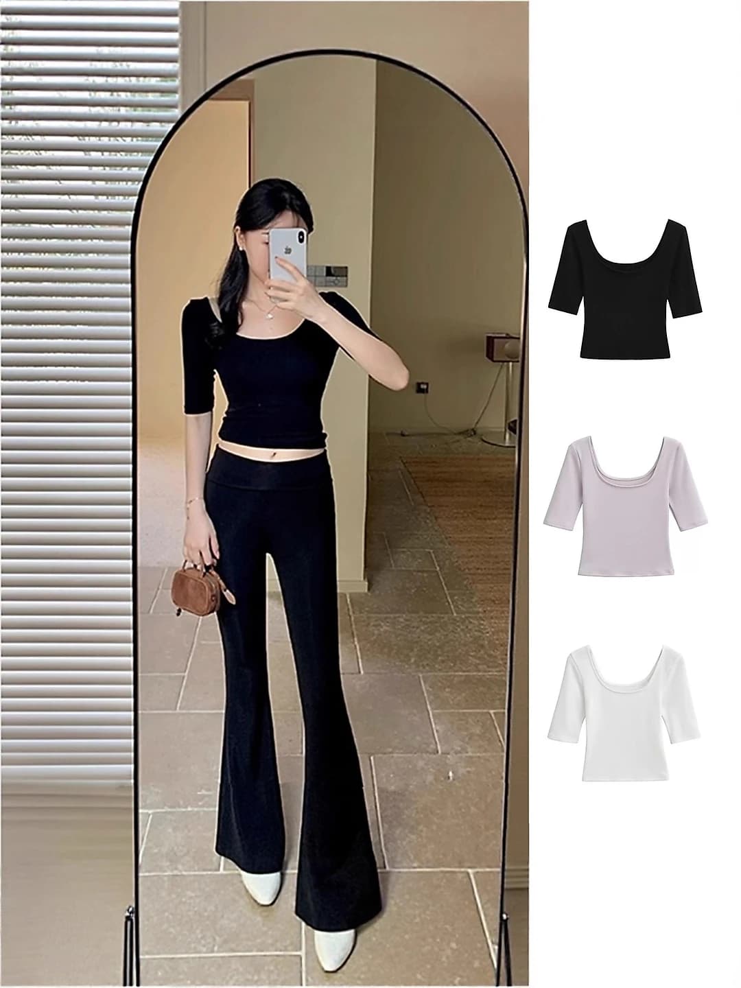 Women's summer cropped short-sleeve top with elbow-length sleeve, low neckline, slim fit, solid colour, black, U-neck, short
