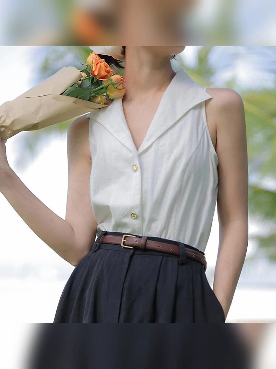 Women's white sleeveless blouse, V-neck, summer