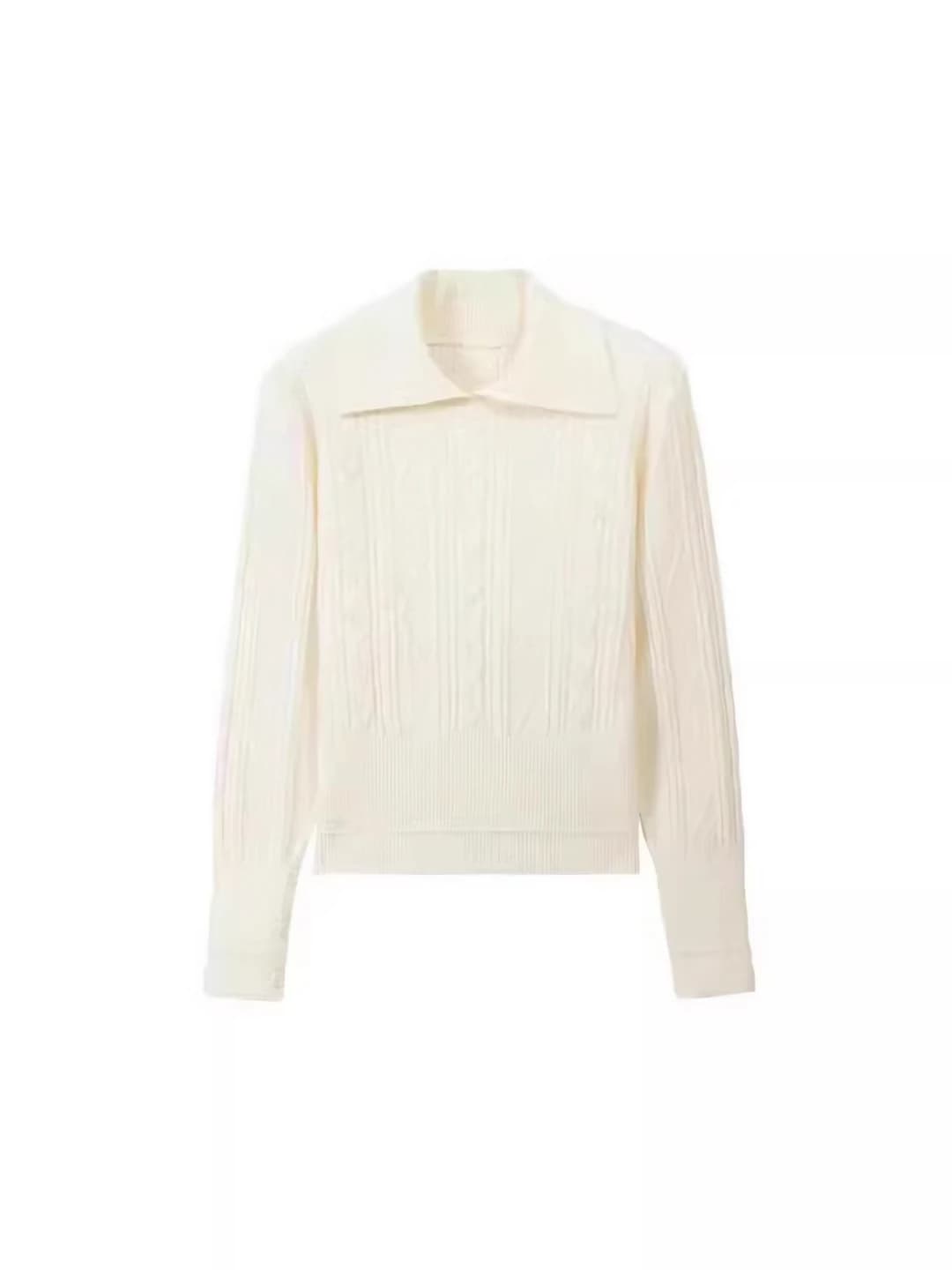 Women's long sleeve cable knit pullover sweater with lapel collar, autumn-winter, solid colour, polyester