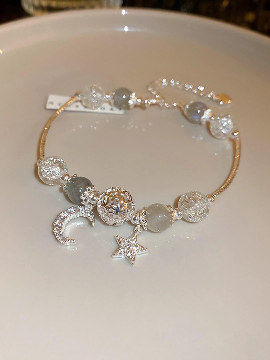 White bead diamond star moon glass bracelet