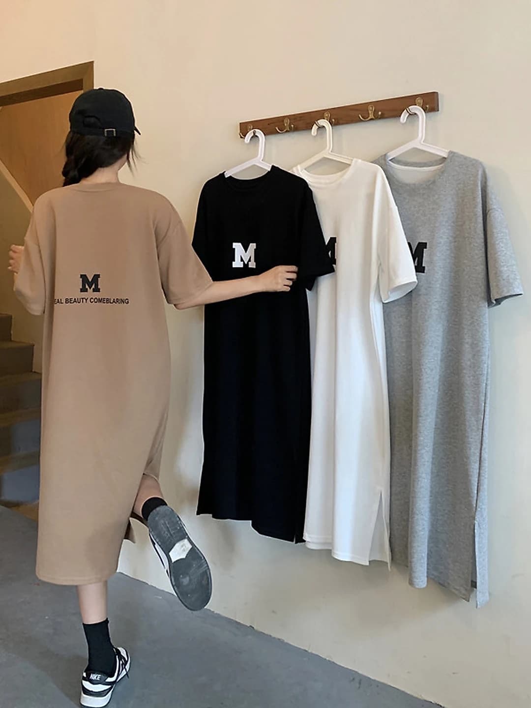 Women's summer plus size loose fit slimming long t-shirt dress, crew neck, short sleeve, printed