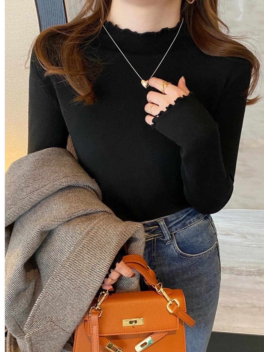 Women's black mock neck sweater, slim fit, long sleeve, autumn-winter