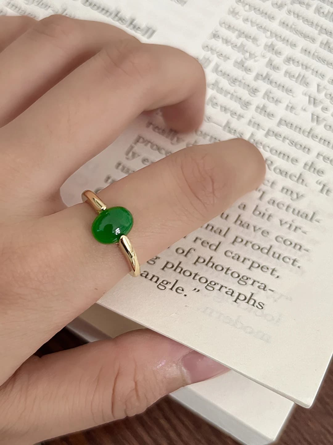 Women's imitation Hetian jadeite ring, adjustable, emerald green, plain, sweet cool style