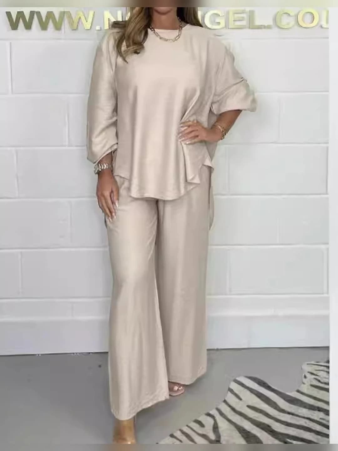 Women's casual two-piece clothing set: long sleeve top and wide-leg trousers, solid colour, all-season