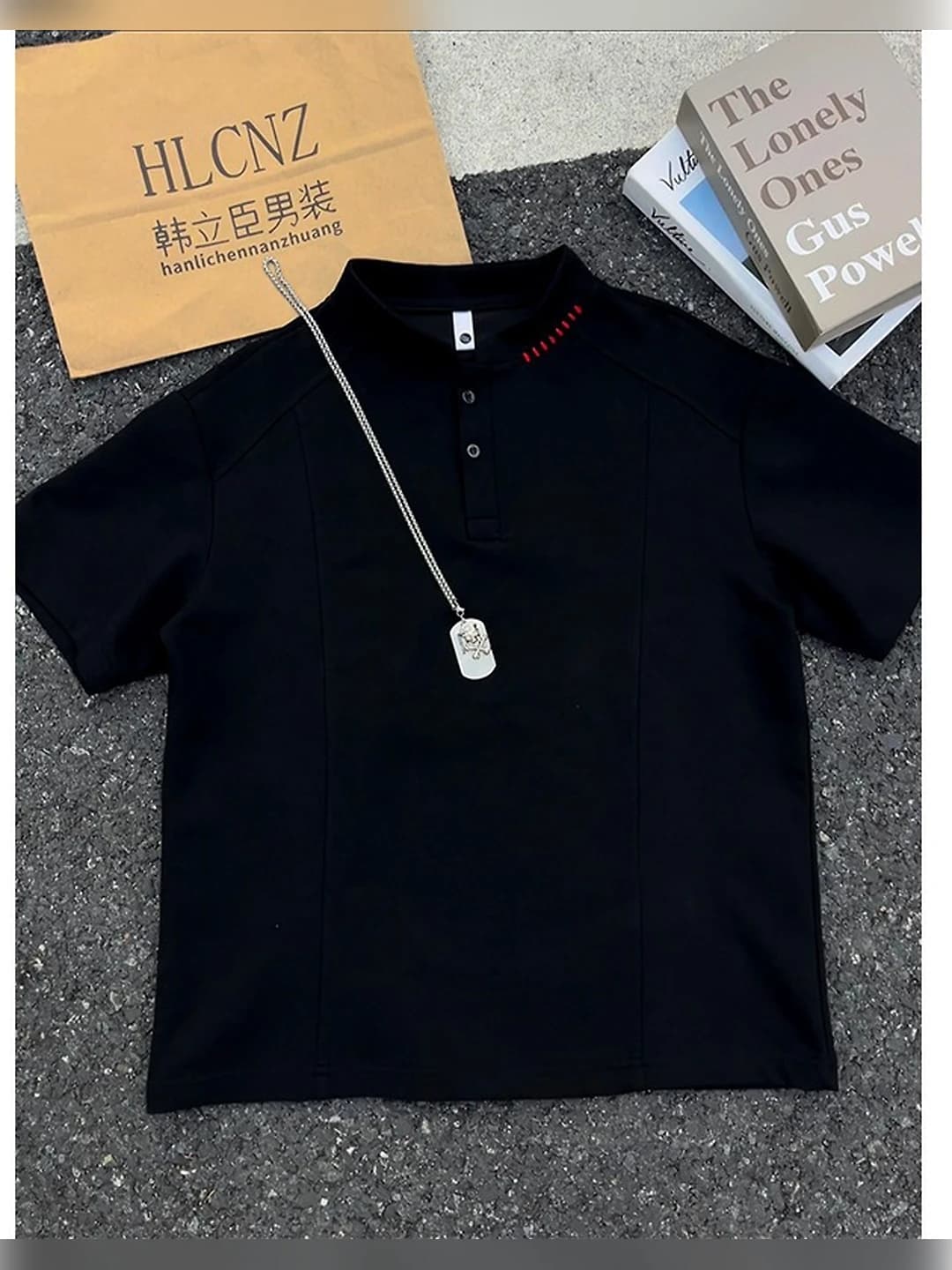 Ayollar uchun kashtali henri yoqali kalta yengli polo futbolka, bo'sh (oversize) kesim, kundalik uslub