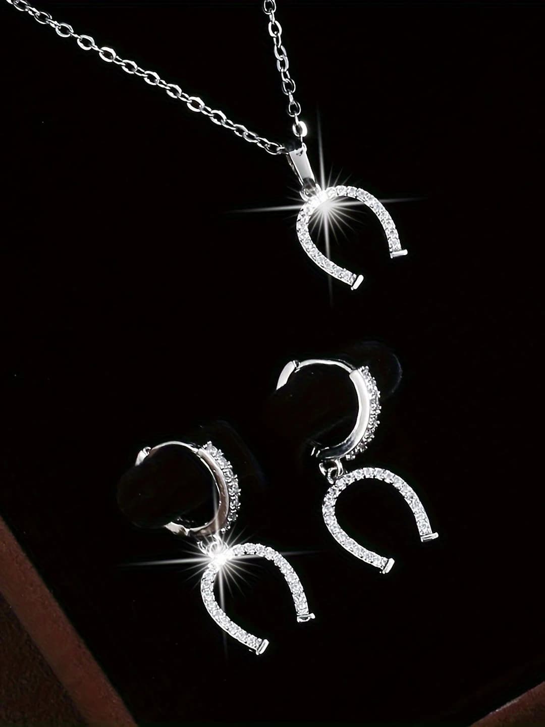 Women's zircon horseshoe set: earrings and necklace, star, moon, sun, cloud, universe pattern, thin chain, gold plating