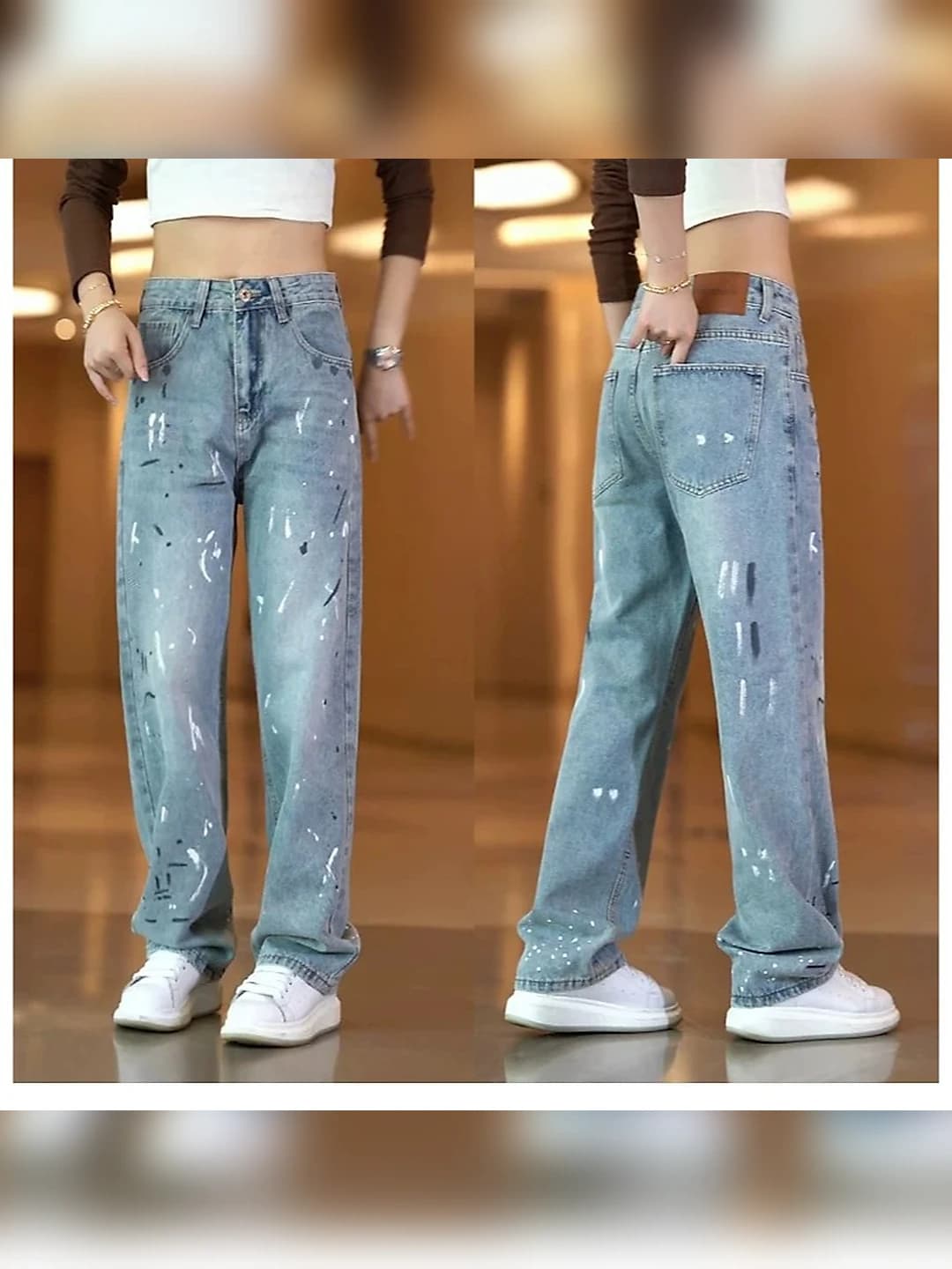 Ayollar uchun 2026 yil retro uslubidagi ko'k jinsi shim, to'g'ri kesim, baland bel, bo'sh (oversize) fit, suv bo'yoq dizayni, uzun shim