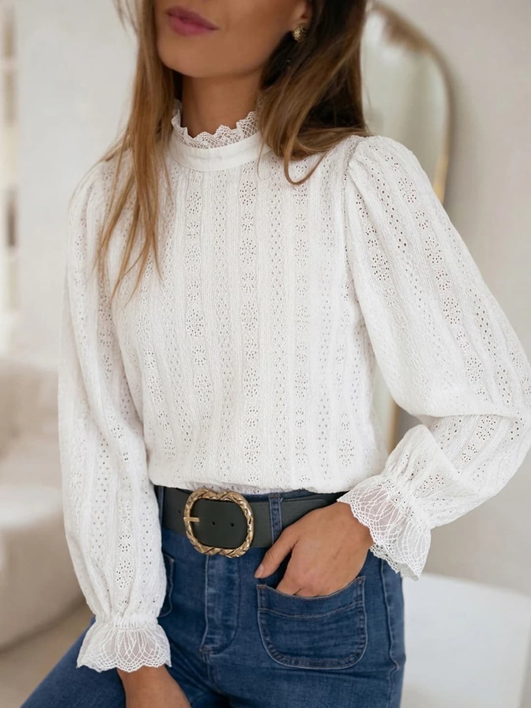 Женская блузка с кружевом и тюлем, рукава-фонарики, воротник-стойка, 2026 осень-зима, длинный рукав, круглый вырез, однотонный, свободный крой