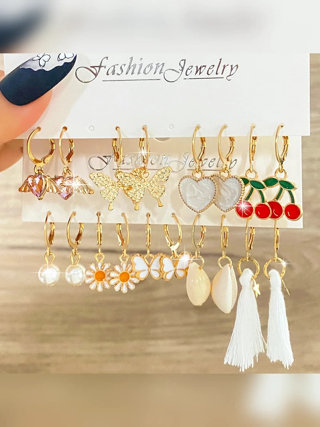 Women's OL style geometric earrings with rhinestones, tassels, cherry and small butterfly details